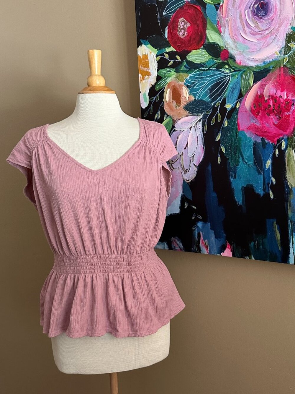 Old Navy Pink Smocked Peplum Top Large Blush Textured Flutter Sleeve Boho